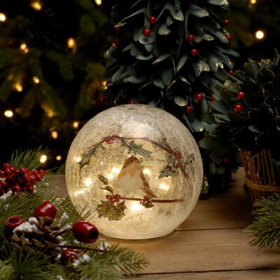 15cm Christmas Robin With Berries Design Crackle Effect Glass Ball Battery Operated