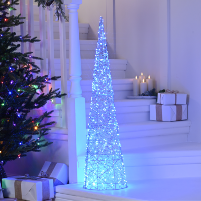1m Large Silver Christmas Shimmer Cone with 600 Blue Twinkling LEDs