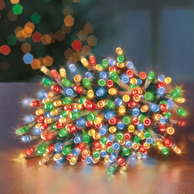 200 Multi Coloured Supabrights Multi Action LED String Lights on Clear Cable with Timer