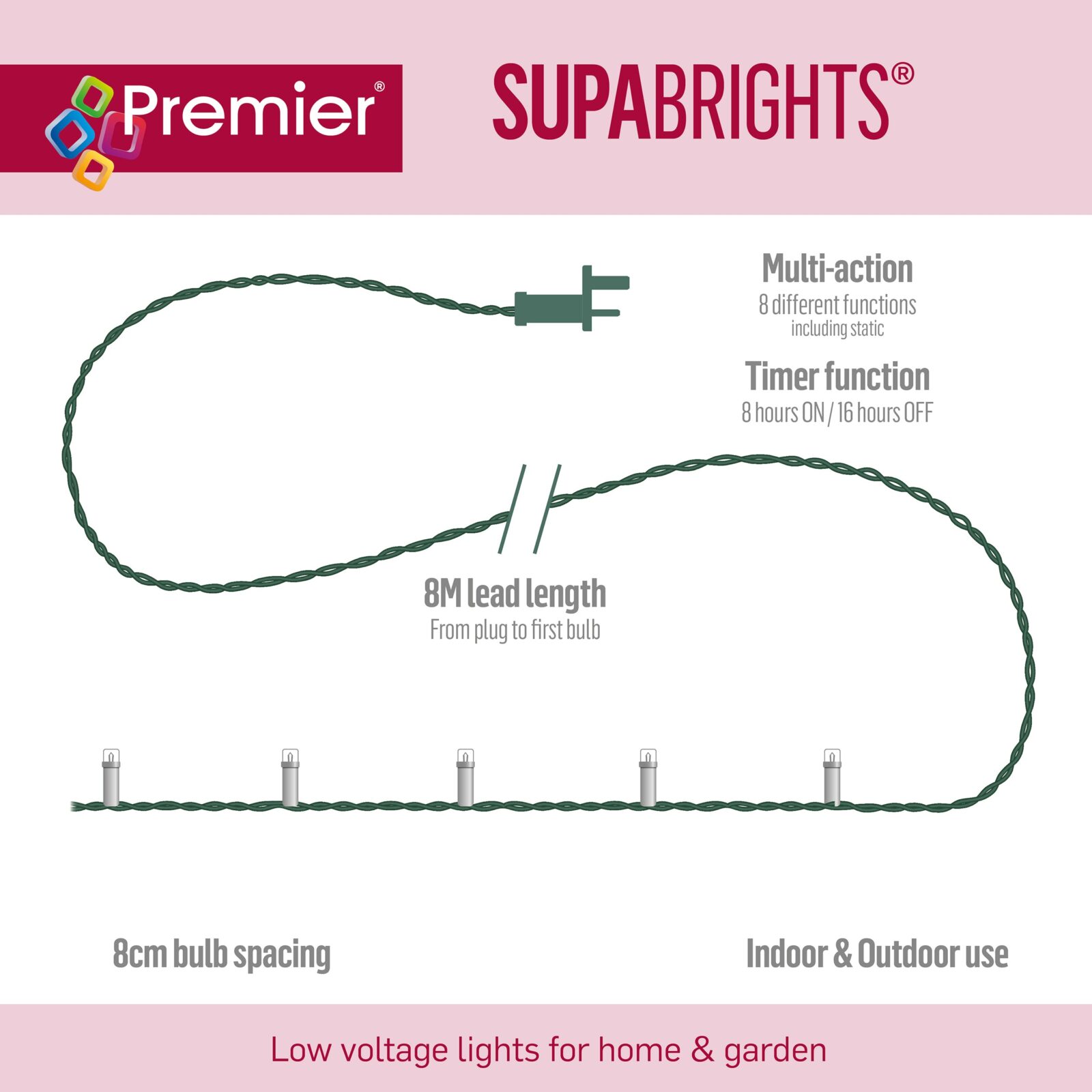 200 Pink Supabrights Multi Action LED String Lights on Clear Cable with Timer