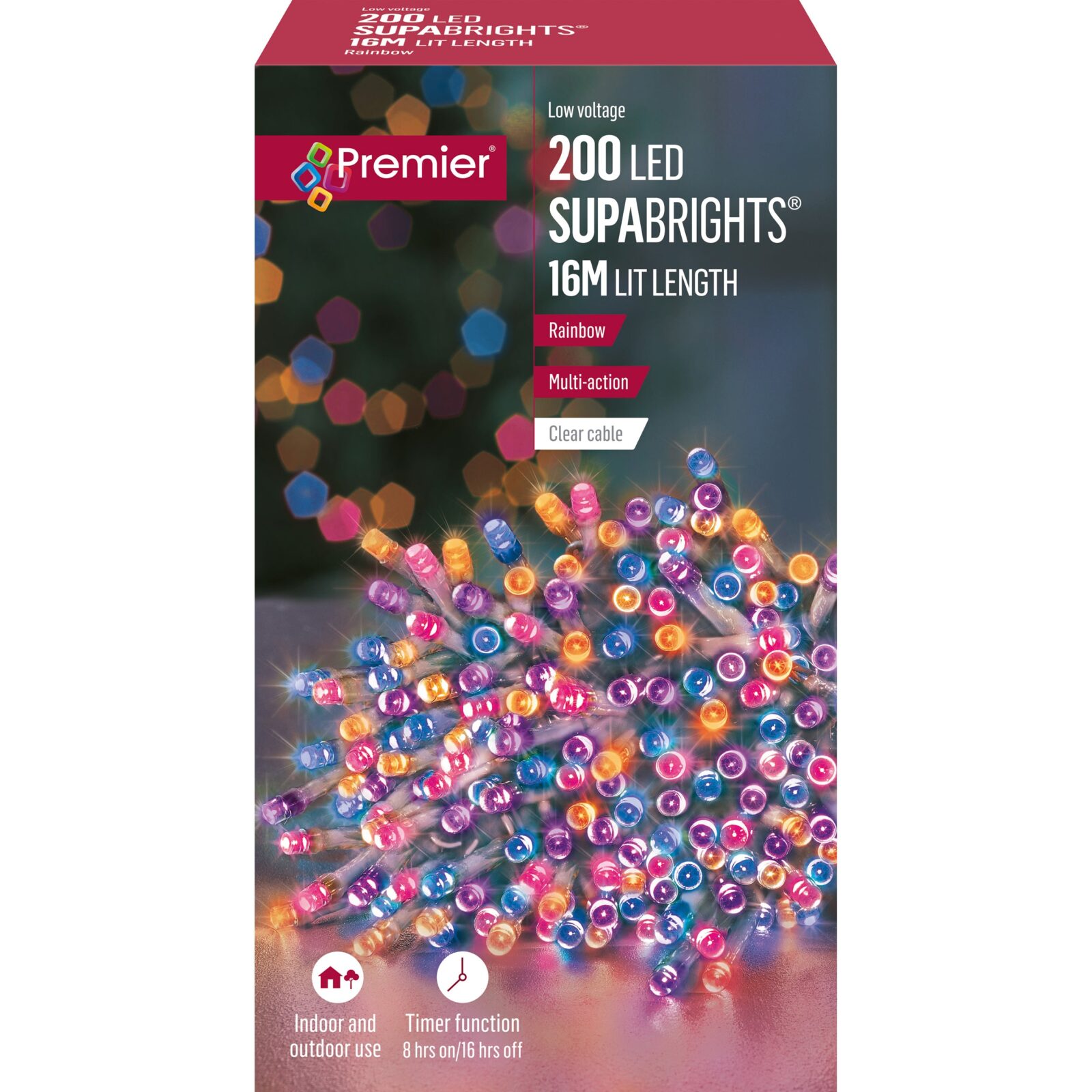 200 Rainbow Supabrights Multi Action LED String Lights on Clear Cable with Timer