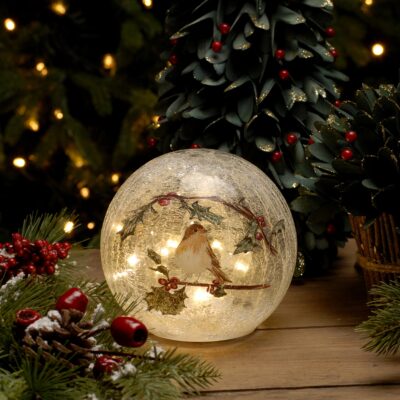 20cm Christmas Robin With Berries Design Crackle Effect Glass Ball Battery Operated