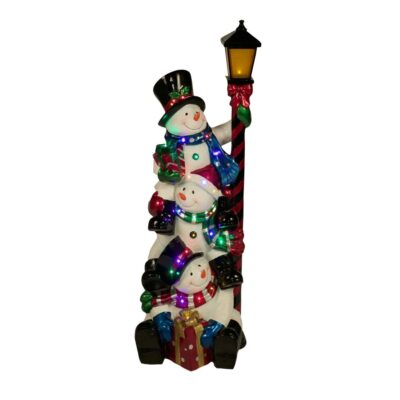 3 Stacked Snowmen on Lamppost Statue With Multicoloured LED Lights