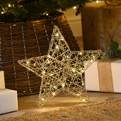 30cm Gold Shimmer Christmas Star with 30 Warm White Micro LEDs