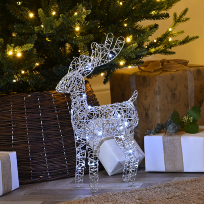 37cm Silver Reindeer White Micro LED Christmas Silhouette Battery Powered