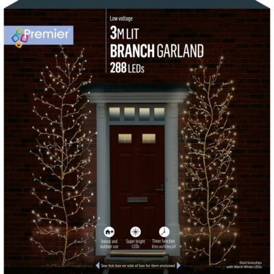 3m Gold Lit Branch Garland with 288 Warm White LEDs