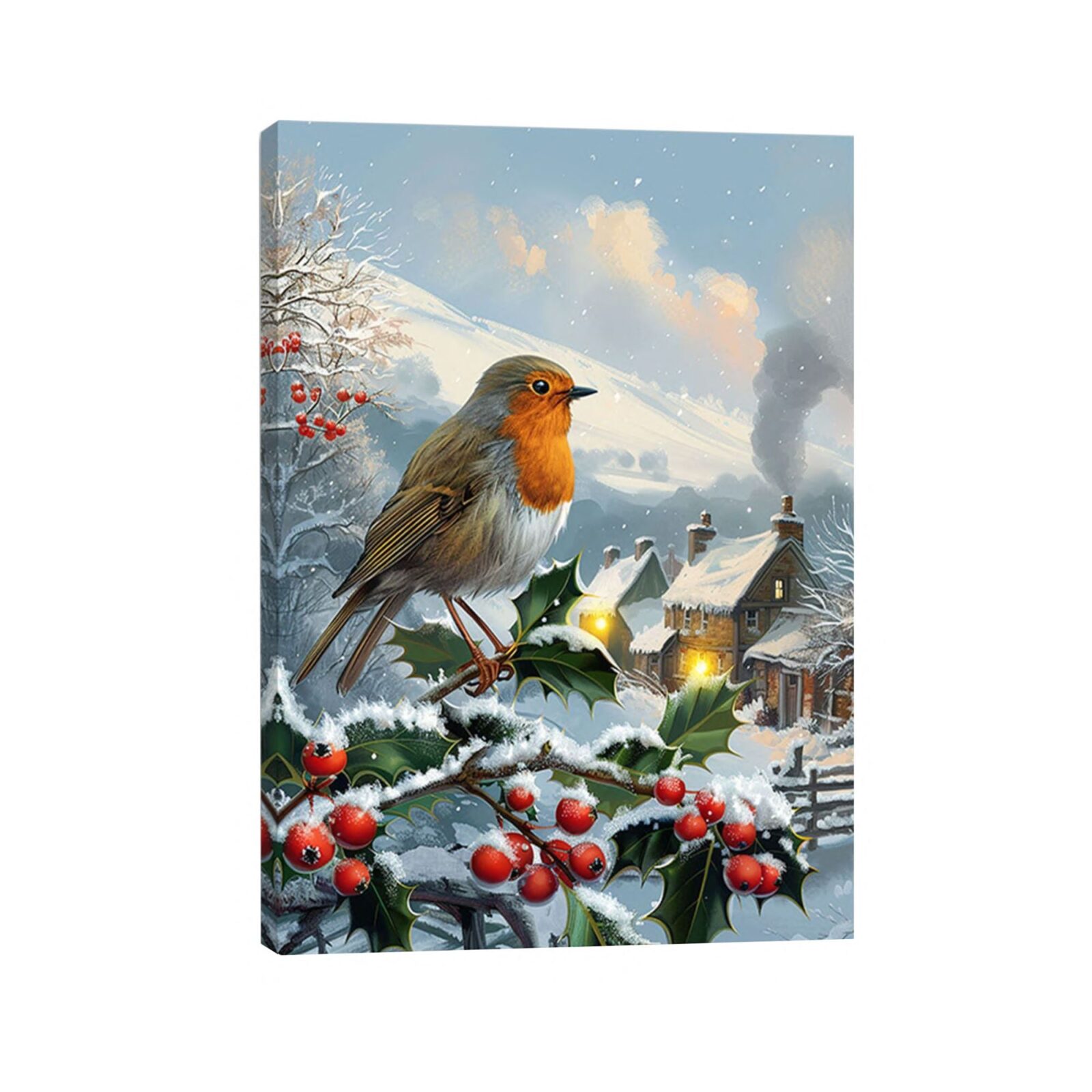 40cm Christmas Robin and Holly Fibre Optic Canvas Battery Operated
