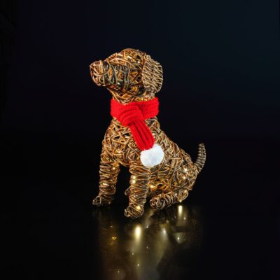 44cm Brown Wicker Sitting Dog with 60 Warm White LEDs