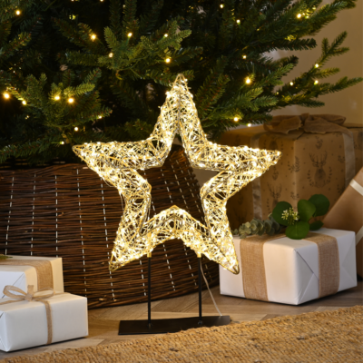 45cm Lit Gold Shimmer Christmas Star on Stand with 600 Warm White LEDs
