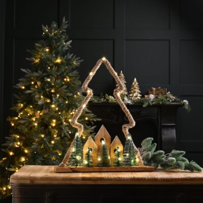 47cm Battery Operated Wooden Village with Jute Rope Christmas Tree