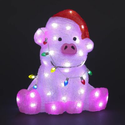 50cm Pig with Fairy Lights and Santa Hat LED Lit Christmas Acrylic