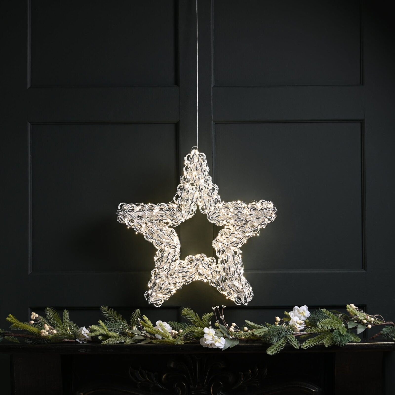 50cm Silver Spiral Twirl Christmas Star with 500 Warm White LEDs