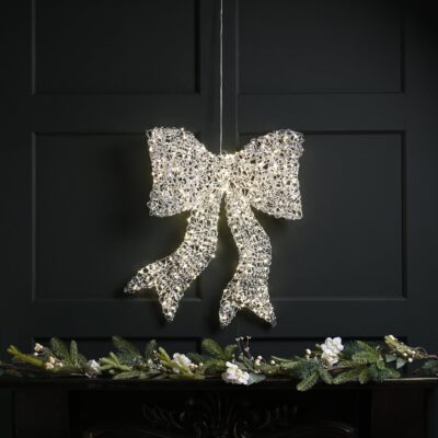 57cm Lit Silver Spiral Twirl Christmas Hanging Bow