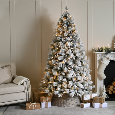 5ft Pre Lit Snow Flocked Bishop Pine Christmas Tree with Pinecones and 200 Warm White LEDs