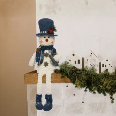 60cm Plush Sitting Snowman with Dangly Legs Wearing a Blue Hat and Scarf