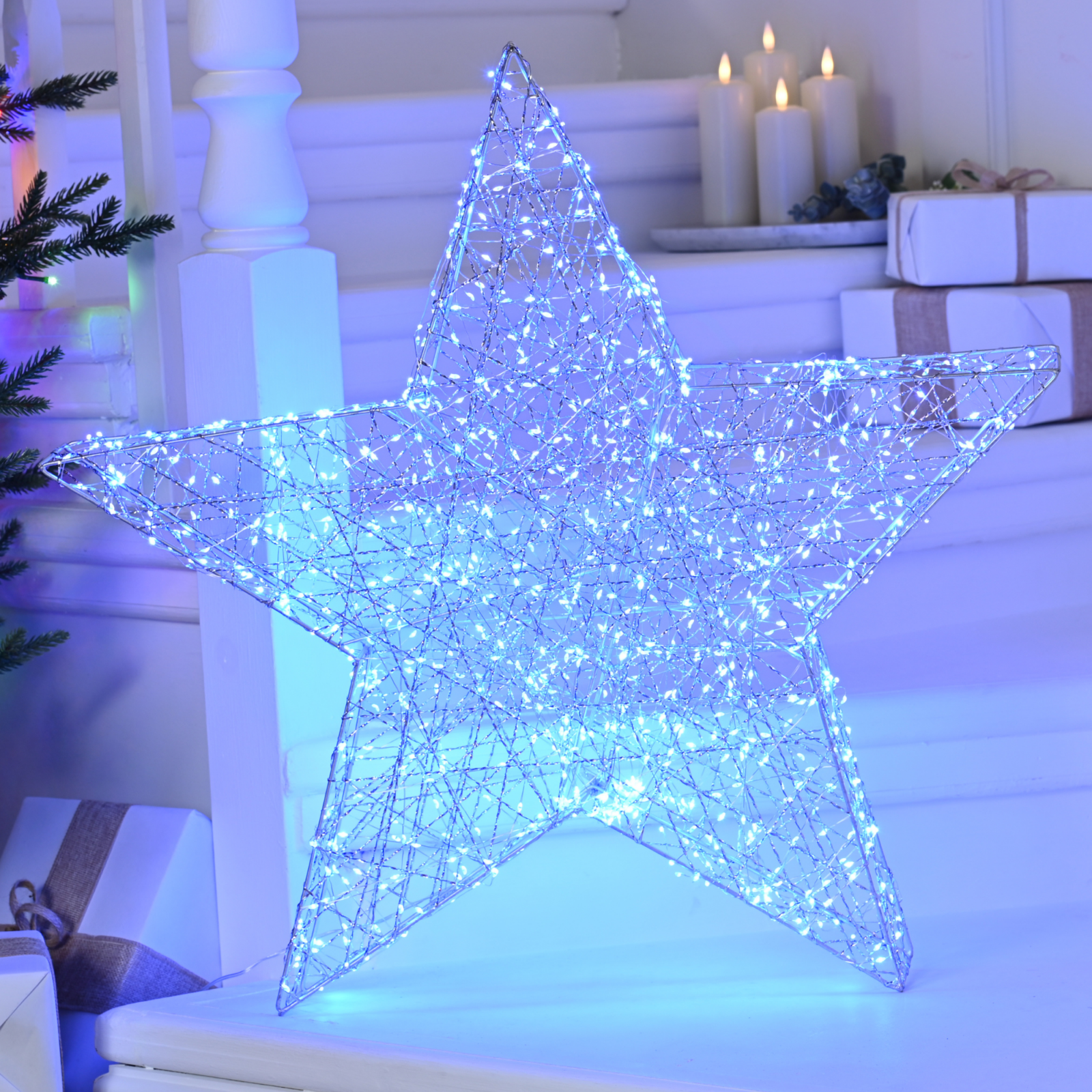 60cm Silver Shimmer Christmas Star with 720 Blue Twinkling Micro LEDs