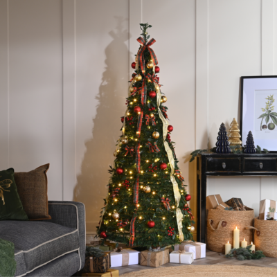 6ft Green Pop Up Christmas Tree with Red & Gold Decorations and 180 Warm White LEDs