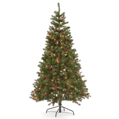 6ft Pine Creek Artificial Pre Lit Christmas Tree with Berries and Pine Cones
