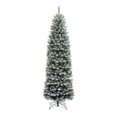 7.5ft Flocked Kingswood Fir Pre Lit with 350 Warm White LEDs Artificial Pencil Christmas Tree