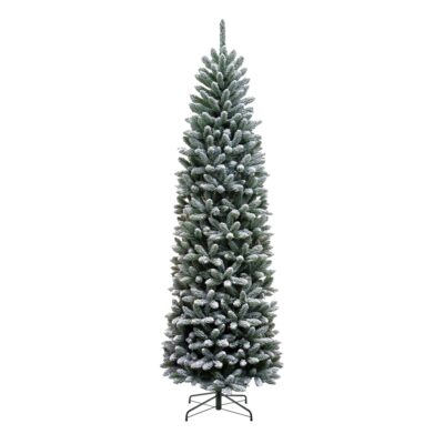7.5ft Flocked Snowy Kingswood Fir Artificial Pencil Christmas Tree with Metal Stand