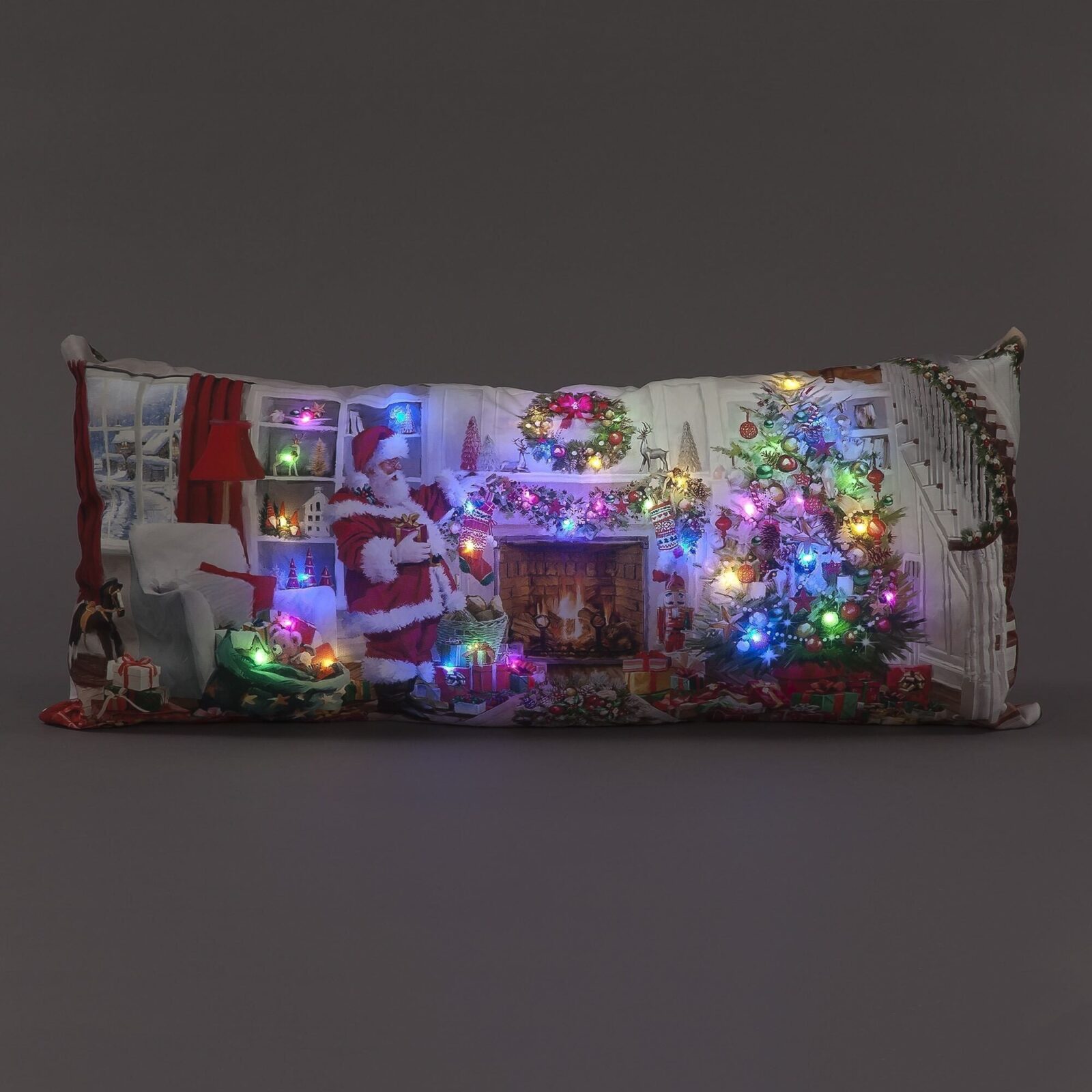 70cm Santa Delivering Presents Christmas Scene LED Luxury Festive Cushion