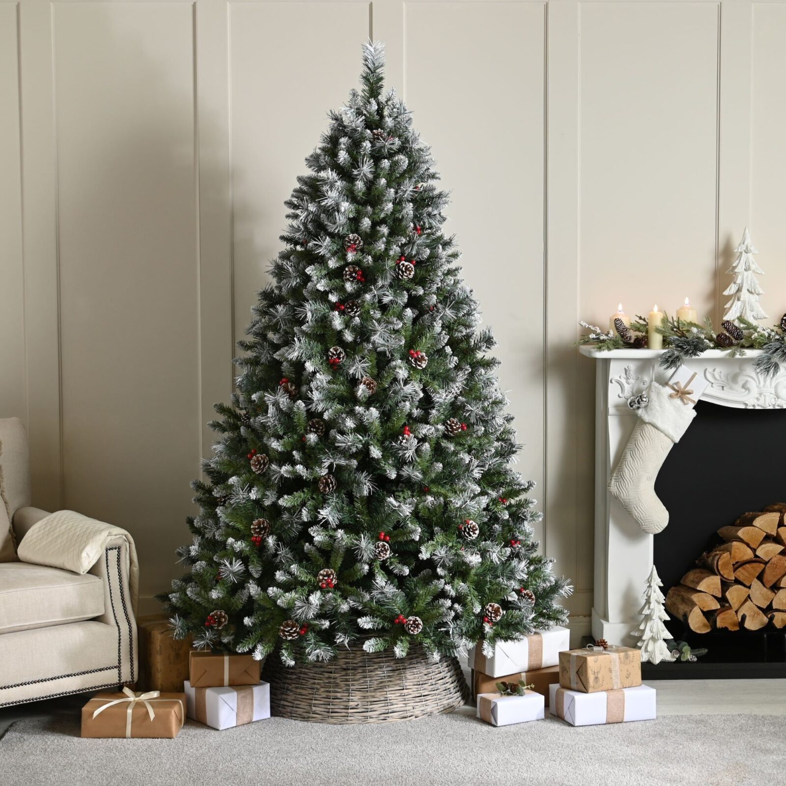 7ft River View Frosted Fir with Pinecones and Berries Christmas Tree