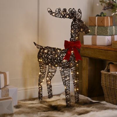80cm Reindeer with Red Bow Silhouette Battery Powered Lit with 80 Warm White LEDs