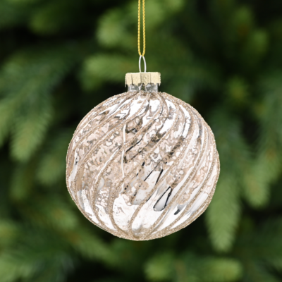 8cm Antique Champagne Spiral Glitter Glass Bauble Tree Decoration