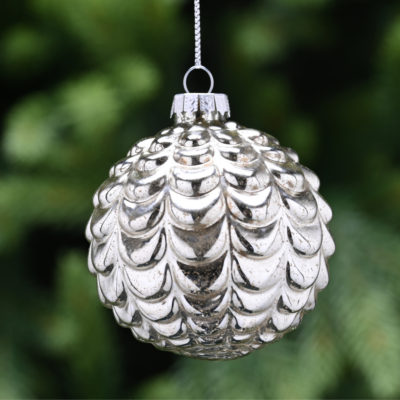 8cm Antique Silver Glass Raised Scallop Bauble Tree Decoration