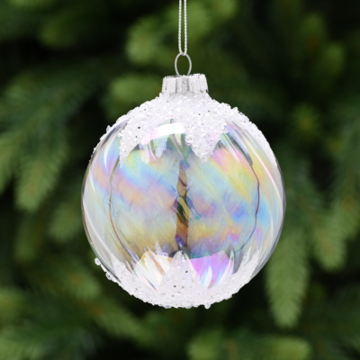 8cm Clear Iridescent Glass Bauble with Glitter Snow Tree Decoration