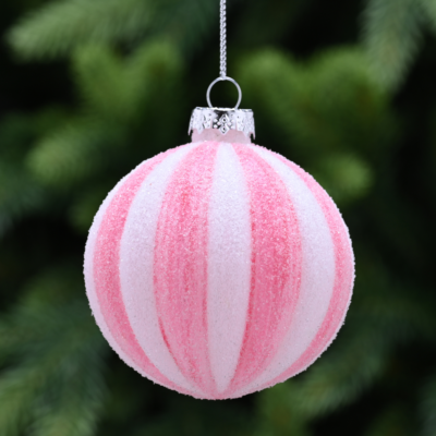 8cm Frosted Pink and White Segment Glass Bauble Tree Decoration