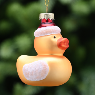 8cm Glass Yellow Duck in Red Santa Hat Tree Decoration