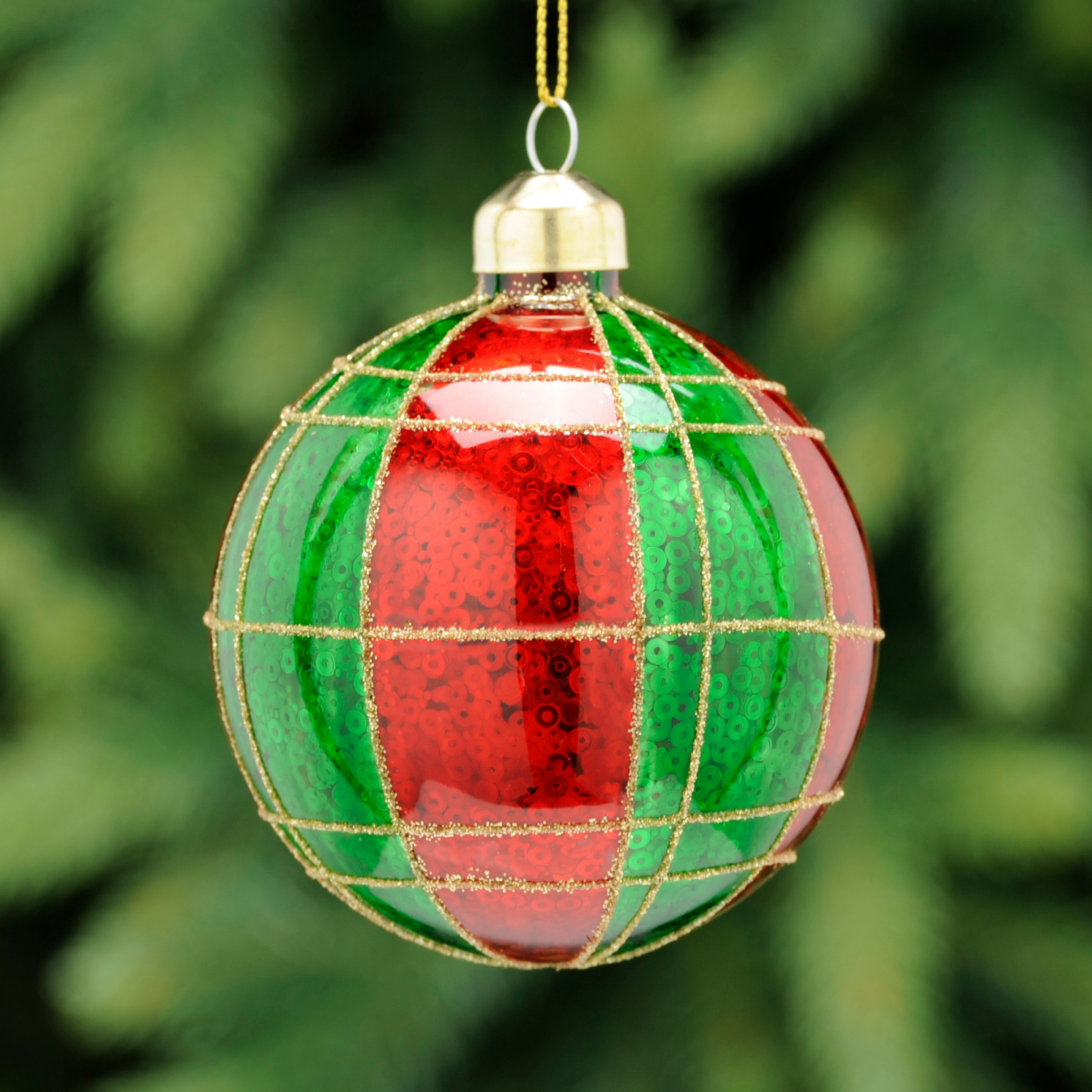 8cm Green and Red Glass Bauble with Gold Lines Tree Decoration