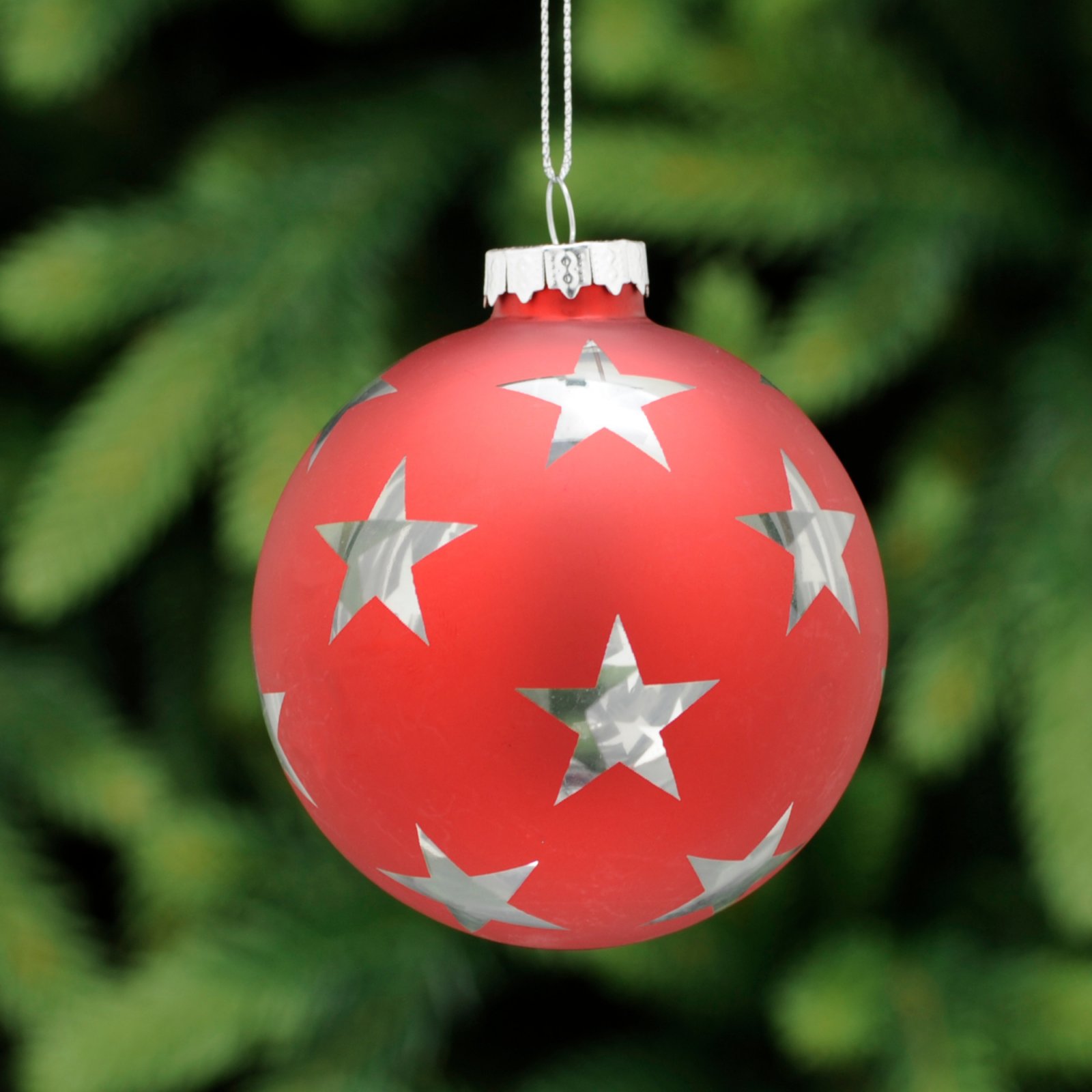 8cm Matt Red Glass Bauble with Silver Stars Tree Decoration