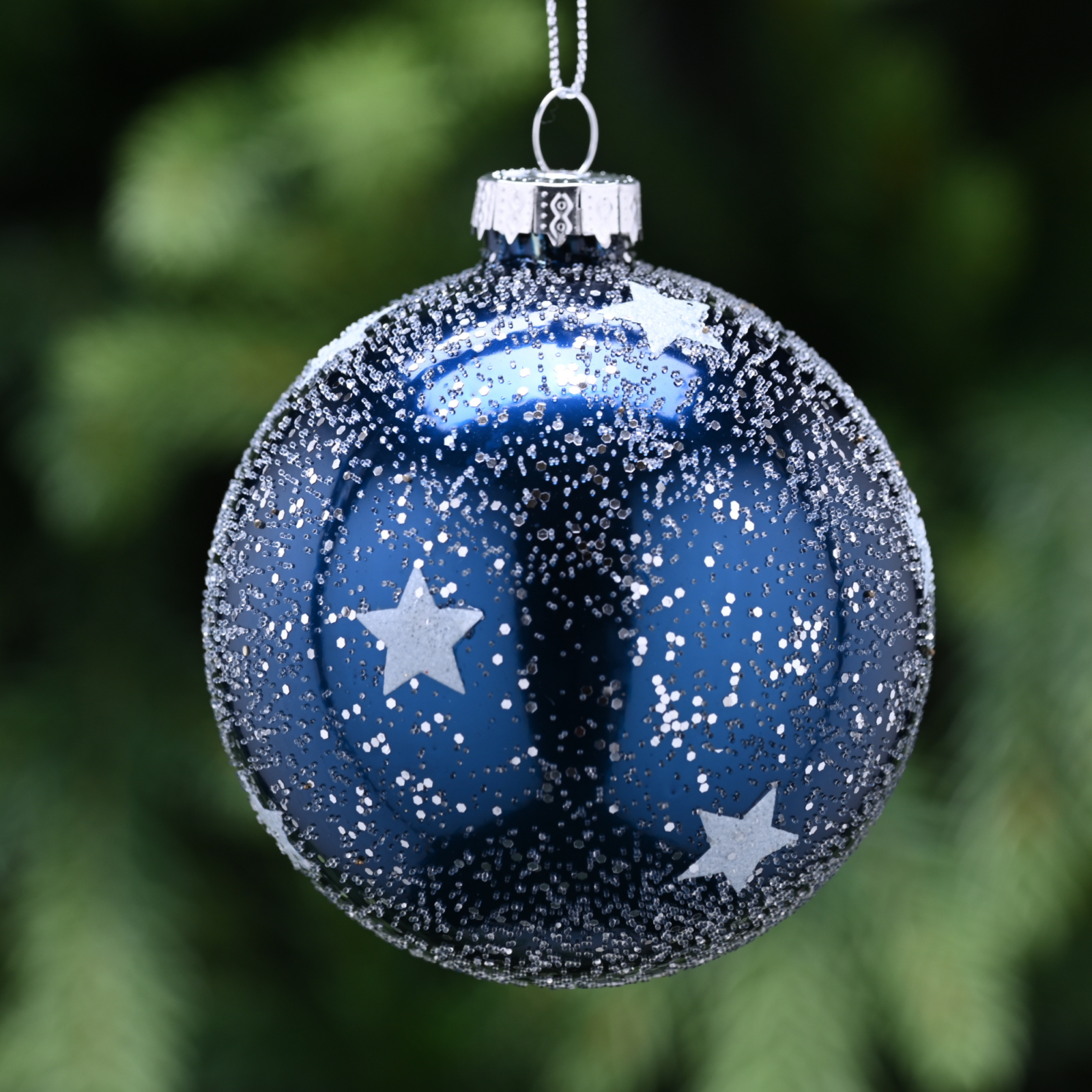 8cm Midnight Blue Glass Speckled Bauble with Silver Stars