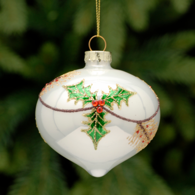 8cm White Bauble with Holly Design Glass Onion Tree Decoration