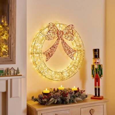90cm Golden Elegance Twist Wreath with Red Bow and 1400 Warm White LEDs