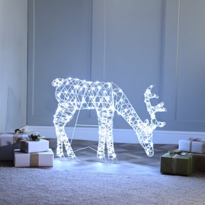 92cm White Faux Rattan Christmas 2D Grazing Stag Lit with 160 White LEDs