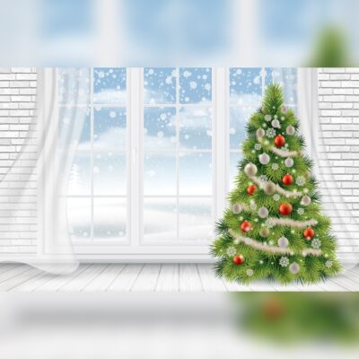 Christmas Tree Near Snowy Window Printed Outdoor PVC Banner 2.4m x 4m
