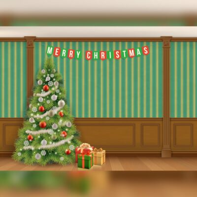 Digital Image Christmas Tree & Merry Christmas Bunting Printed Outdoor PVC Banner 2.4m x 4m