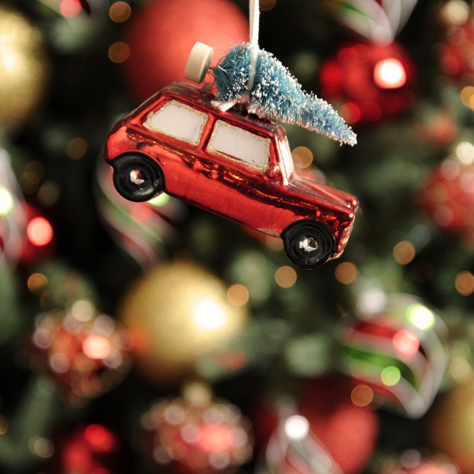 Festive Red Mini with Christmas Tree on Roof Bauble