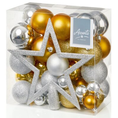 Jumbo Pack of 50 Silver and Gold Mixed Baubles with Tree Topper