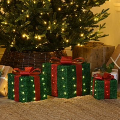 Set of 3 Battery Powered Lit Green Christmas Present Gift Boxes with Red Bows
