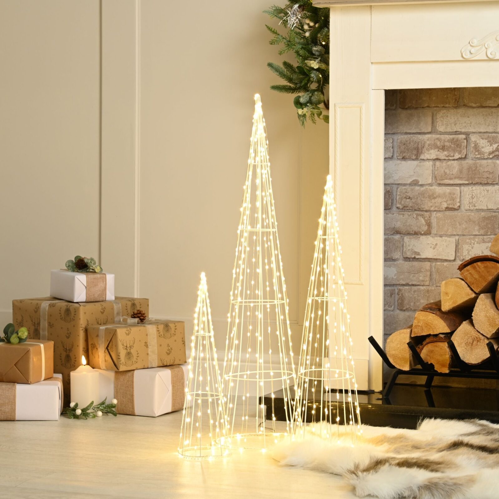 Set of 3 Dewdrop Cone Christmas Trees with Warm White Micro LEDs