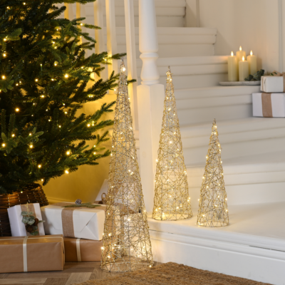 Set of 3 Gold Shimmer Cone Christmas Trees with 90 Warm White LEDs