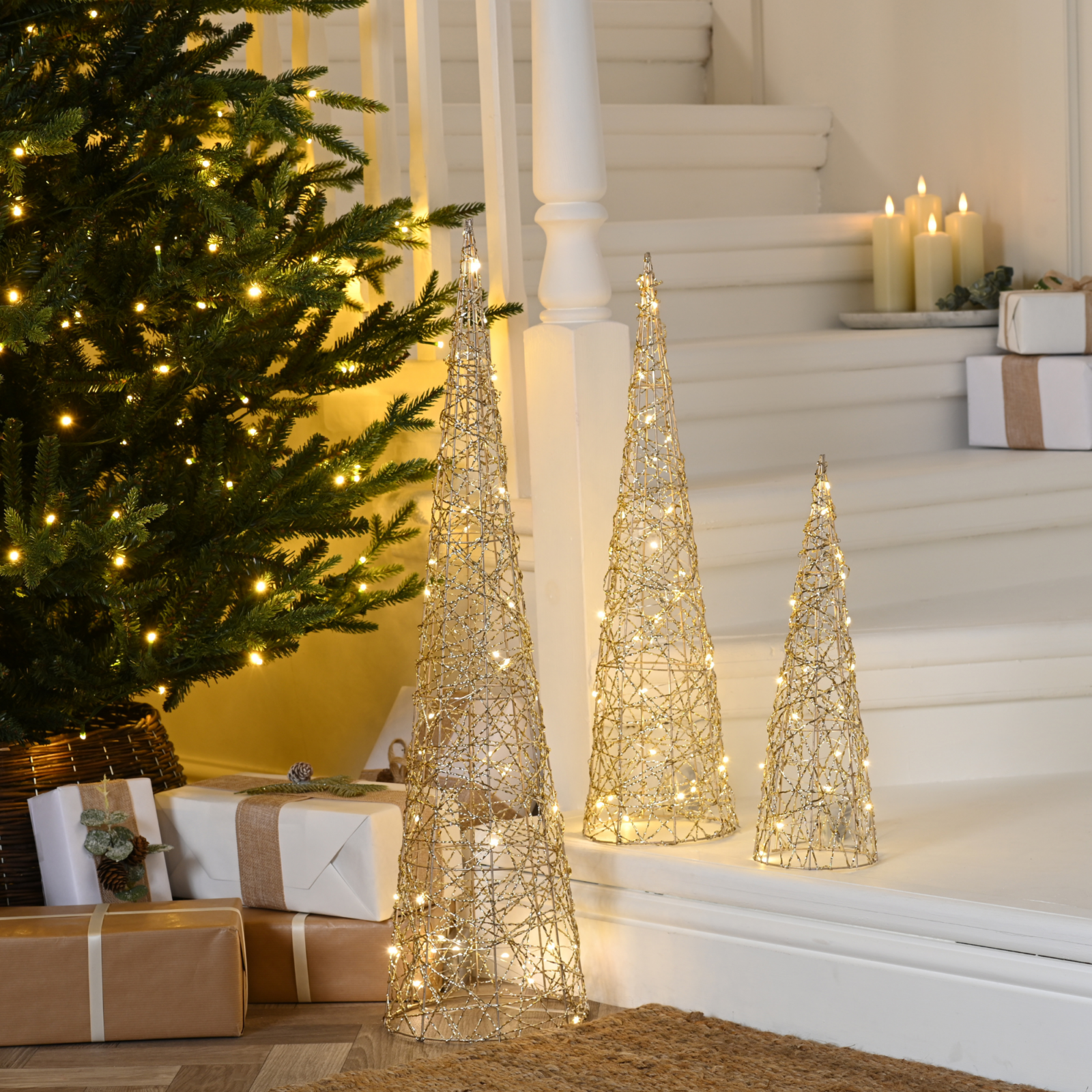 Set of 3 Gold Shimmer Cone Christmas Trees with 90 Warm White LEDs