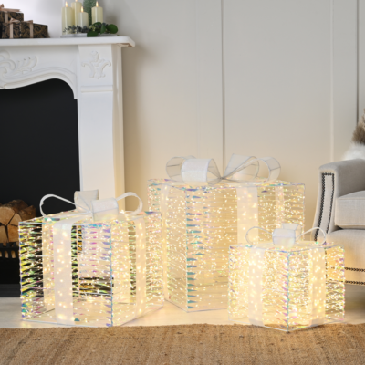 Set of 3 Large Iridescent Multi Action Christmas Presents with 3,120 Warm White LEDs