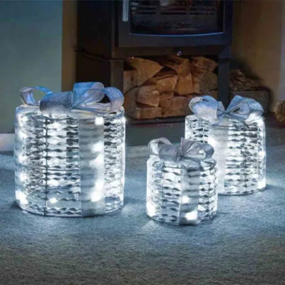 Set of 3 Silver Glitter Twist LED Christmas Presents