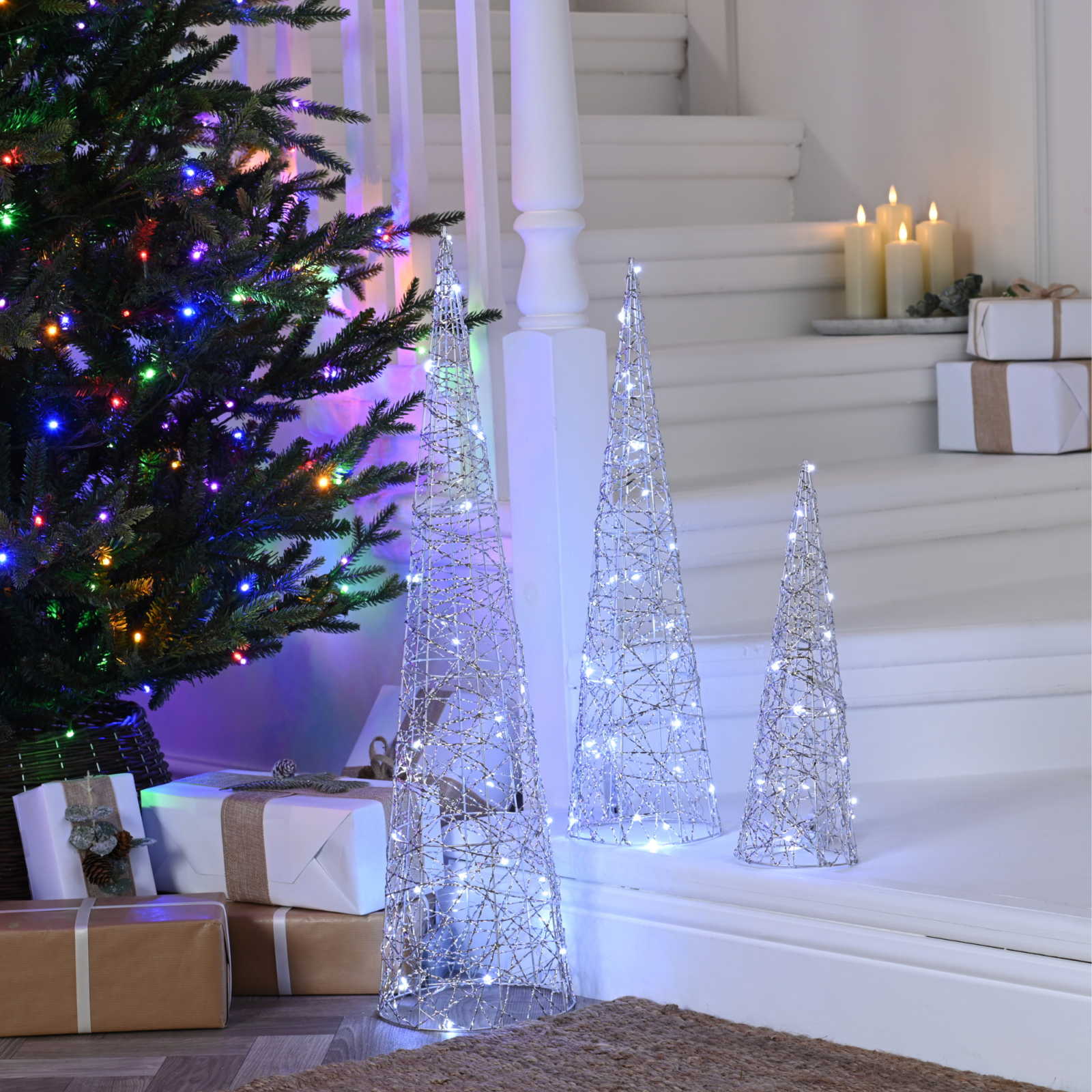 Set of 3 Silver Shimmer Christmas Cone Trees Battery Powered with 90 White LEDs