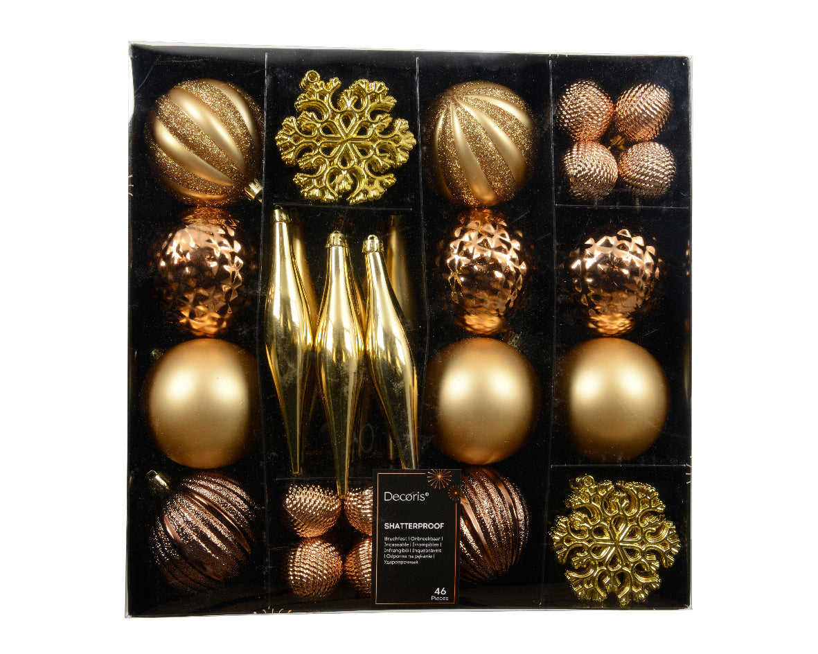 Set of 46 Gold Shatterproof Christmas Tree Baubles with Hangers